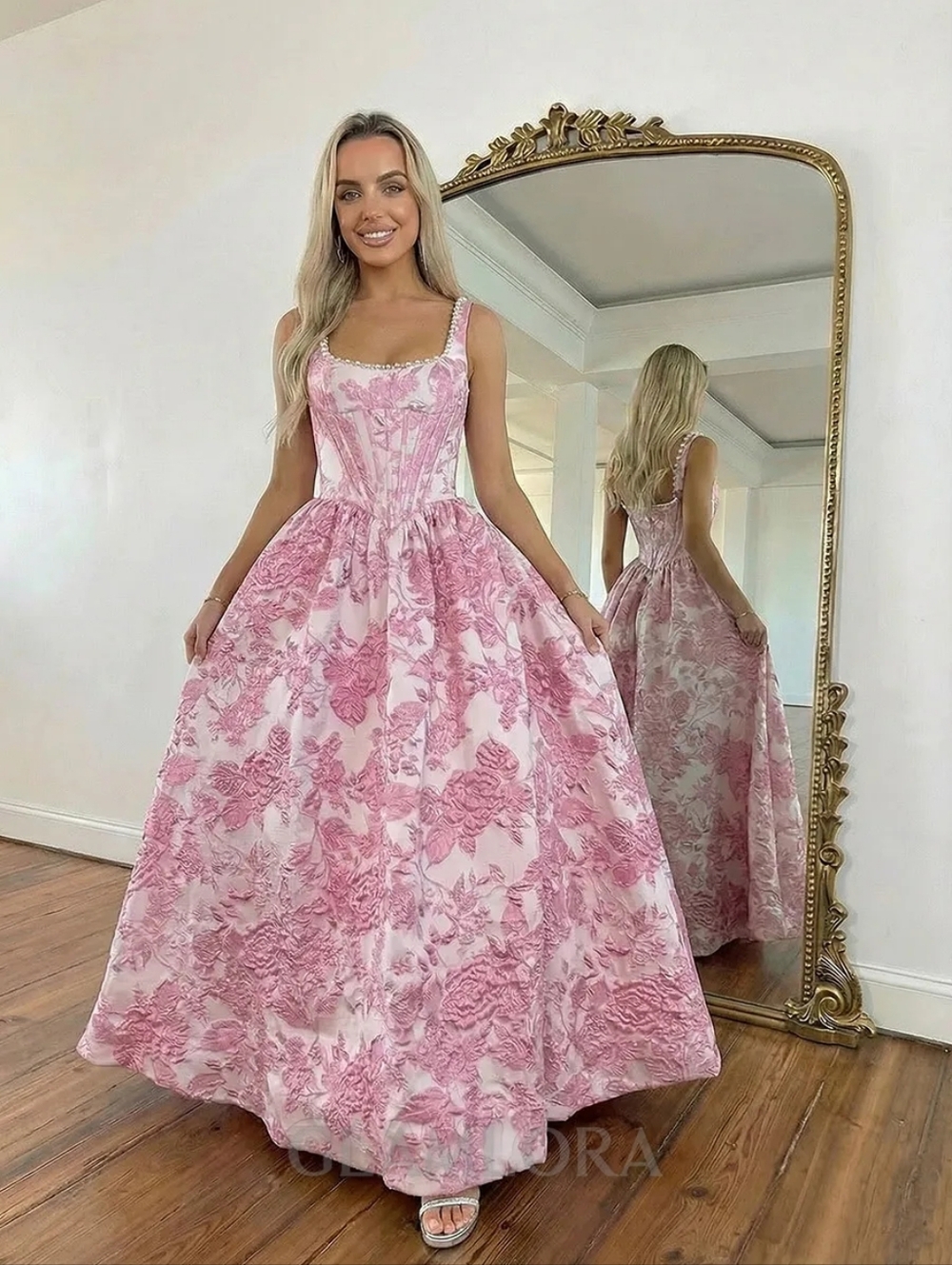 Corset Metallic Floral Embossed Prom Dress